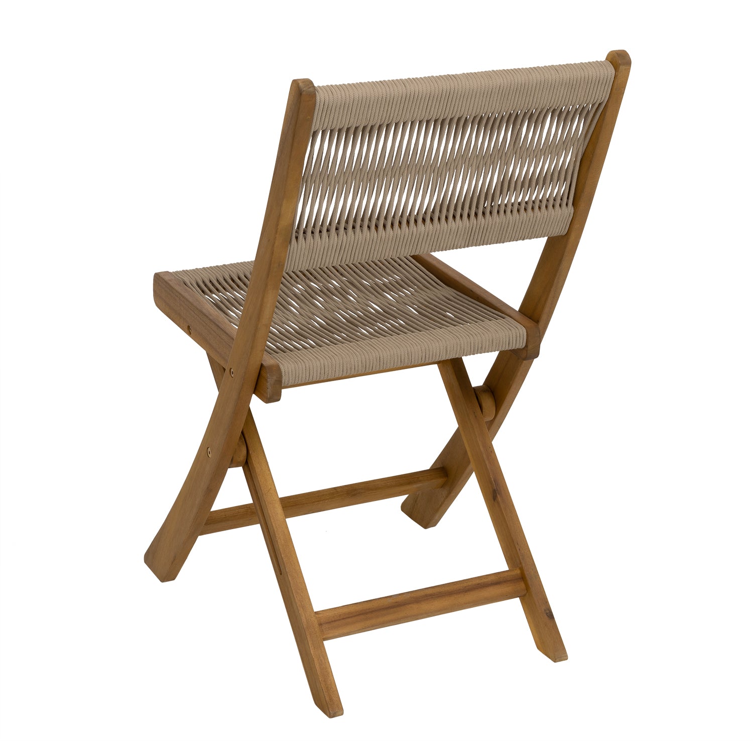 VESTIAMO CASA GIARDINO - Set giardino tavolo pieghevole 60x55 cm e 2 sedie pieghevoli in legno con seduta in corda di poliestere intrecciata